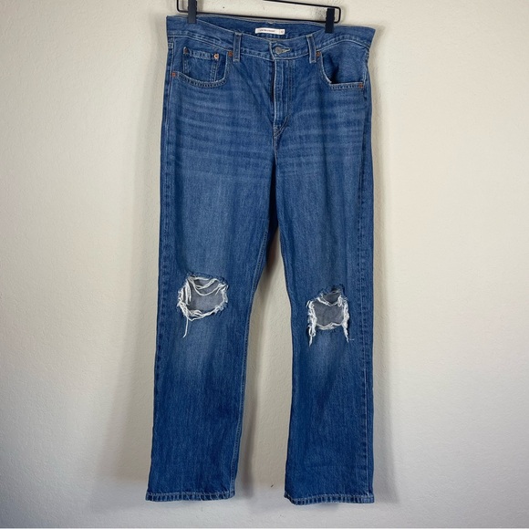 Levi’s Low Pro Straight Distressed Busted Knee Jeans Womens Size 32 Dark Wash - Picture 3 of 8